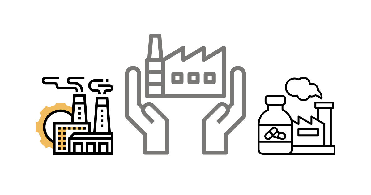 雙手中間捧著工廠的插圖，左右有工業和藥品工廠插圖